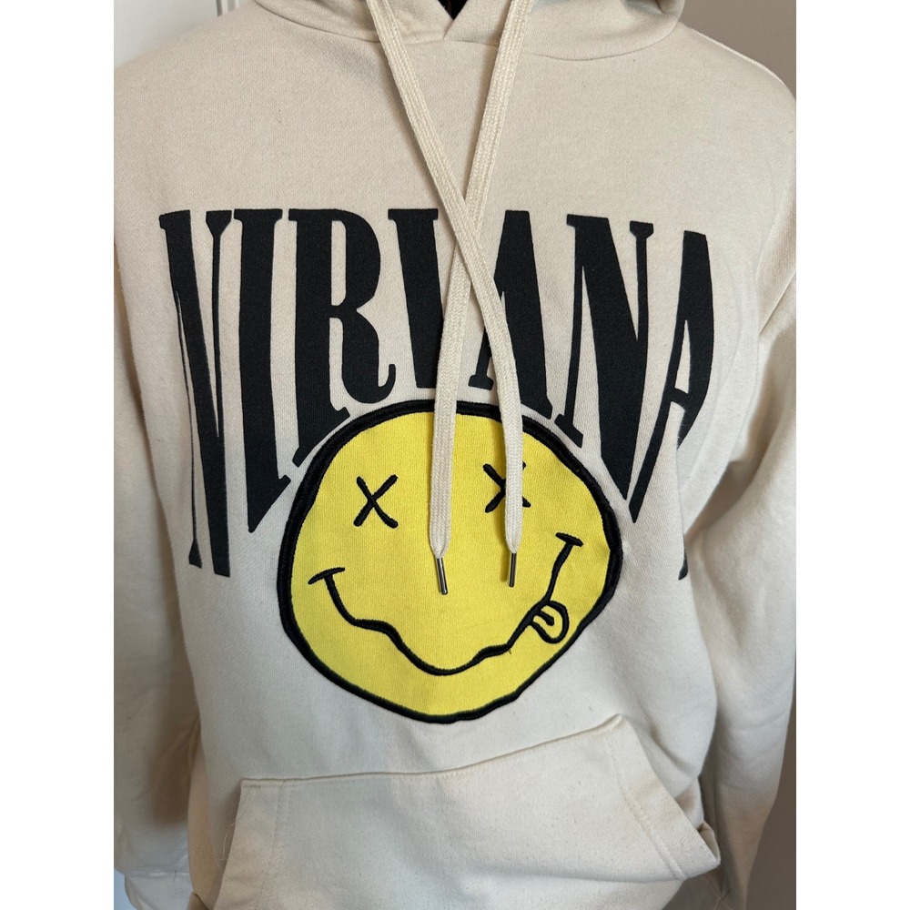 Nirvana Smiley Face Graphic Hoodie Cream  Sleeve Print Mens Medium/Rock Band